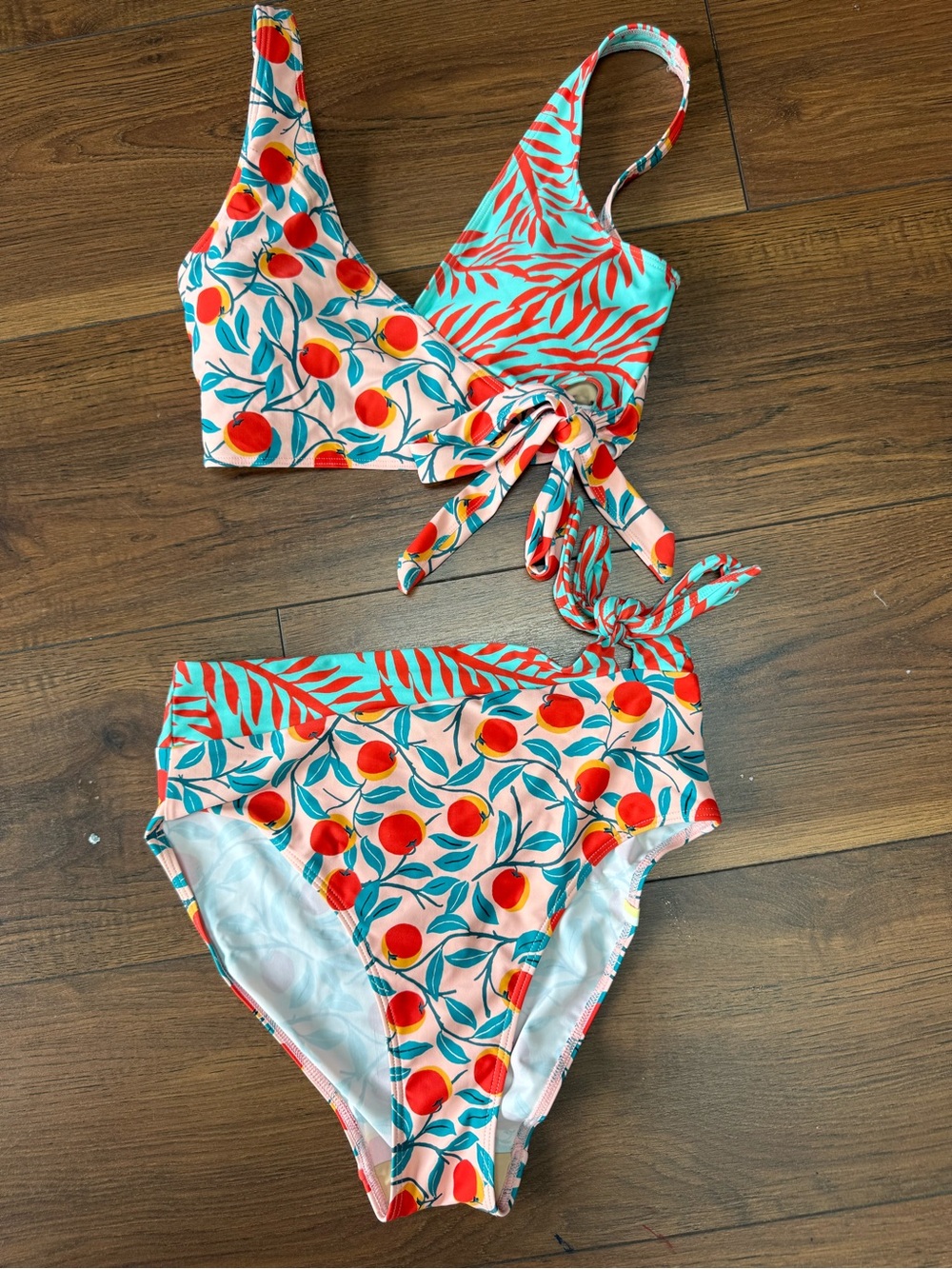Summersault Peach Print Two-Piece Swim Set in Coral and Teal. Top 4, bottom 6